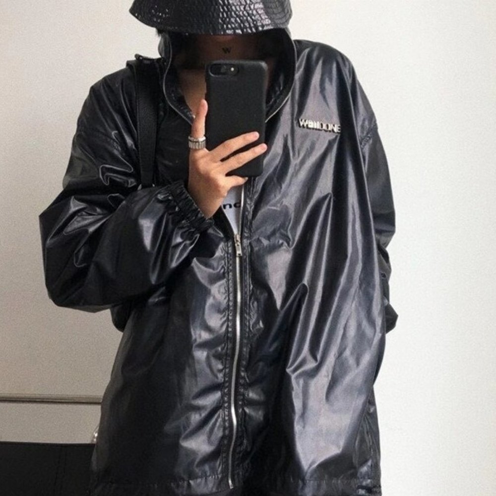 Reflective WE11DONE  windbreaker Jacket oil spill black hooded